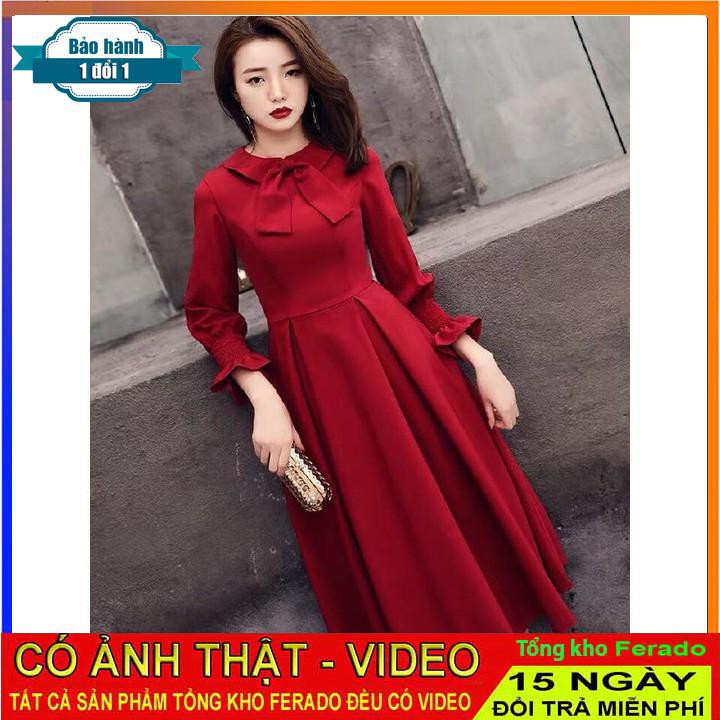 [ xả kho ] MiD Đầm đỏ umi bo tay V1314 cổ nơ thiết kế Mie Design kèm ảnh thật