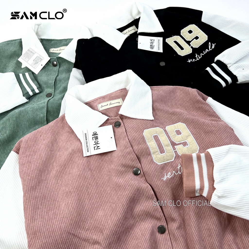 Áo khoác NHUNG bomber CÀI NÚT freesize SAM CLO form rộng nam nữ unisex mặc cặp - couple CÓ CỔ thêu số 09