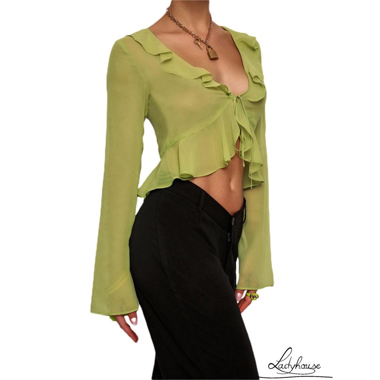 LDD-Women Sheer Crop Tops, Long Flared Sleeve Deep V Neck Pleated Hem Tops for Summer Pub, Women Clothing