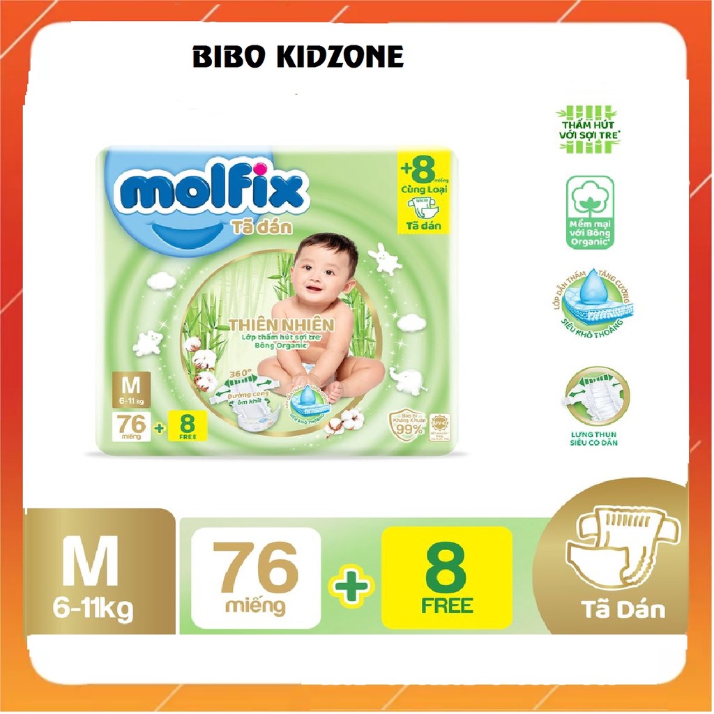Tã dán Molfix thành phần sợi tre, bông organic thêm miếng, gói to, đủ size- S-88/M-84/L-76/XL-70 miếng