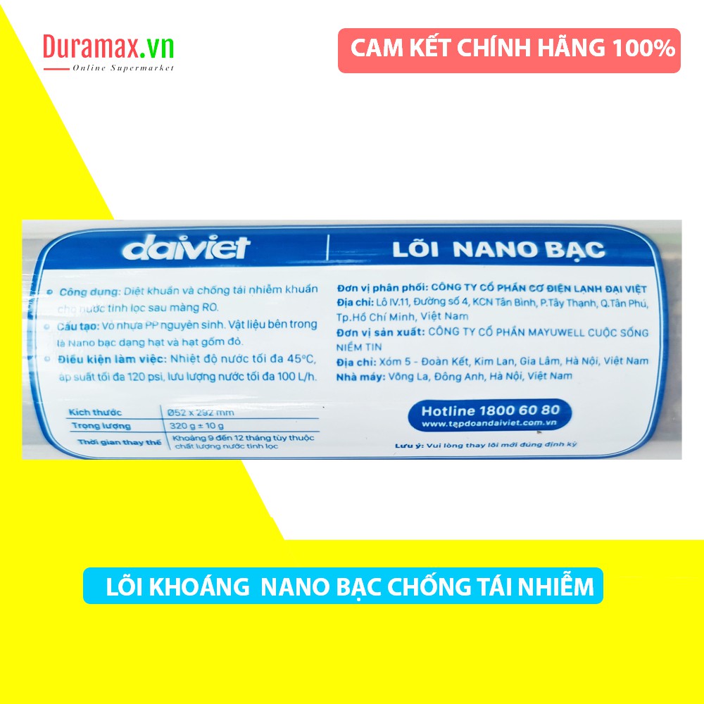 [CHÍNH HÃNG] LÕI KHOÁNG NANO BẠC - LÕI LỌC NƯỚC SỐ 9 - ĐẠI VIỆT - NỐI NHANH