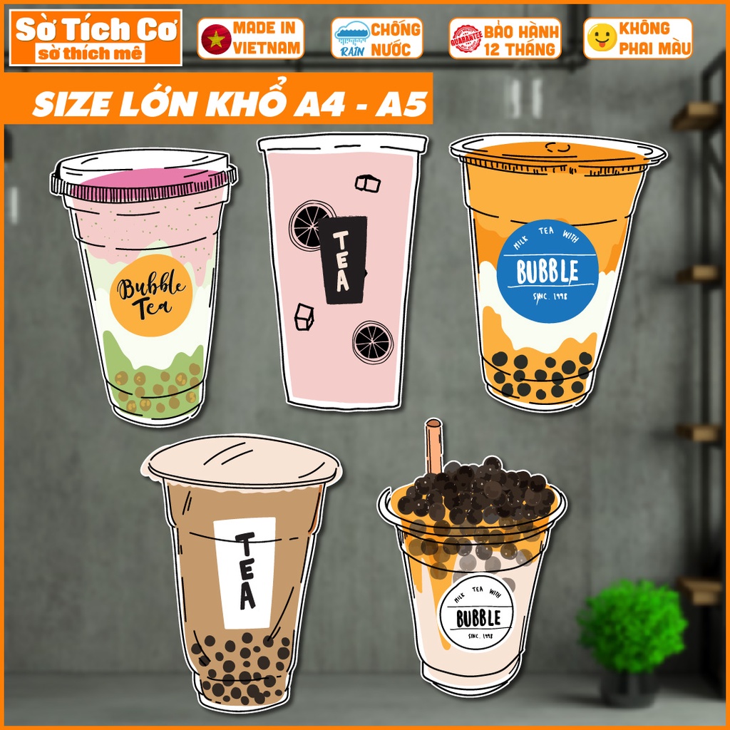 Sticker Milk Tea 3 khổ lớn hình ly trà sữa trang trí decor quán ăn, dán tường, quầy, kính, dán xe đẩy,... MSP: BS10