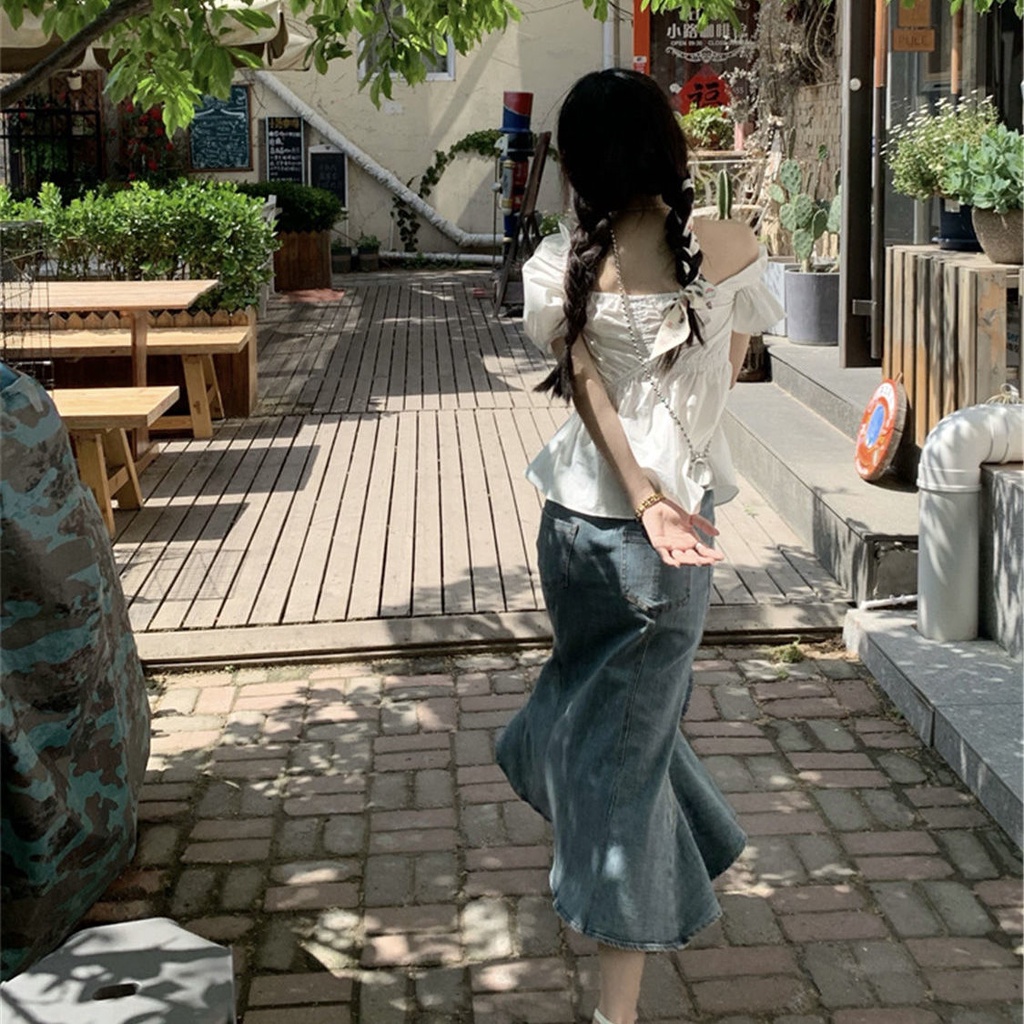 Chân váy jean đuôi cá lưng cao phong cách retro thời trang đáng yêu cho nữ