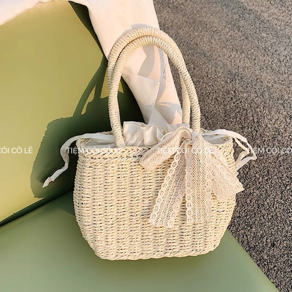 Túi cói bầu đính nơ ren đi biển phong cách vintage - Tiệm Cói Cô Lê