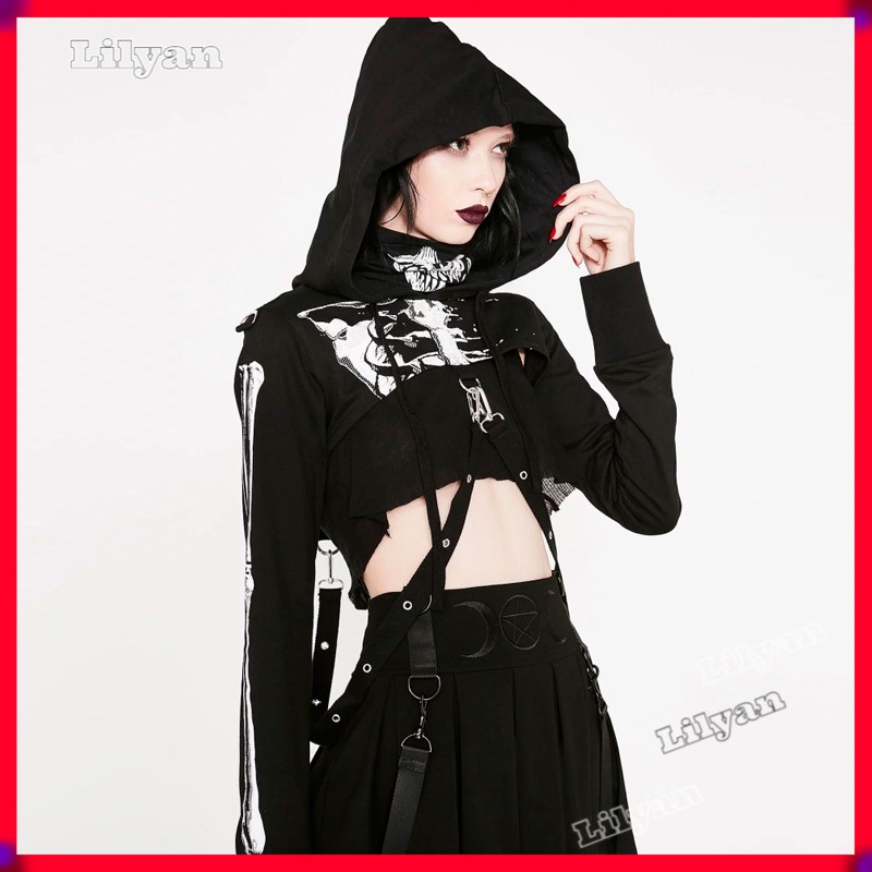 Lilyan Hàng Có Sẵn Áo Sweatshirt Có Mũ Trùm Phong Cách Tối Màu Phong Cách Cô Gái Gợi Cảm Sành Điệu