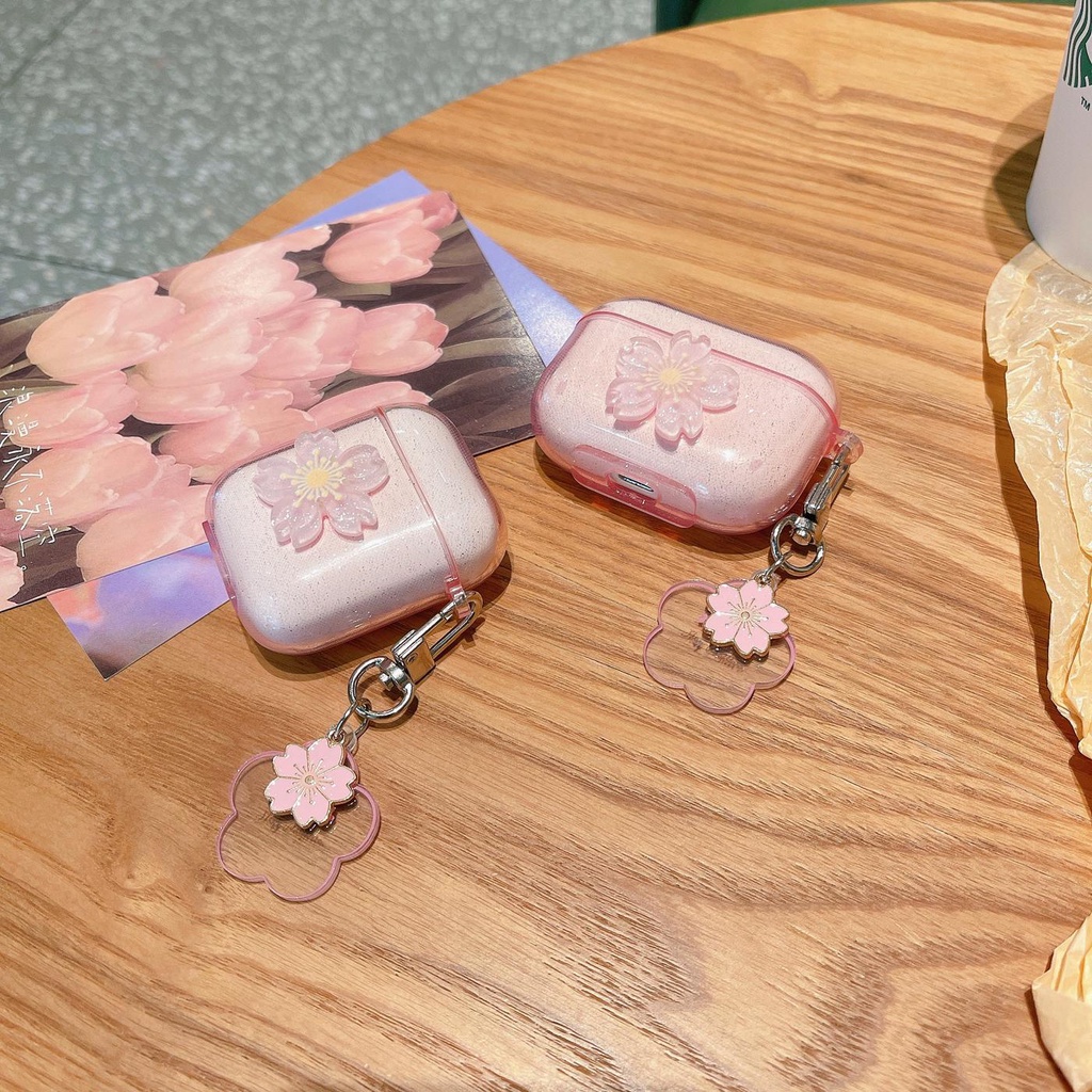 Vỏ Bảo Vệ Hộp Sạc Tai Nghe AirPods 1 2 pro 3 2021 gen3 Bằng Silicon Hình Hoa Anh Đào Lấp Lánh Màu Hồng Dễ Thương