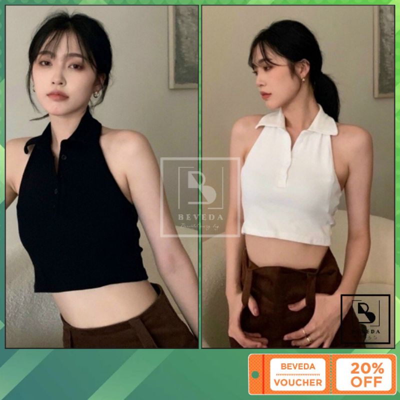 Áo Kiểu Nữ Ba Lỗ Croptop Cổ Bẻ Có Nút