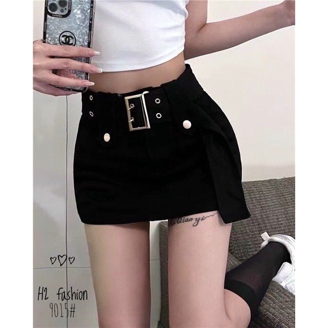 Chân váy bò kèm đai có quần trong , Quần giả váy jean kaki kèm đai siêu hot hit 4 màu trắng đen hồng nâu be