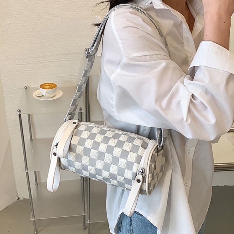 Túi đeo vai IELGY thiết kế hình trụ họa tiết sọc ca rô thời trang trẻ trung dành cho nữ