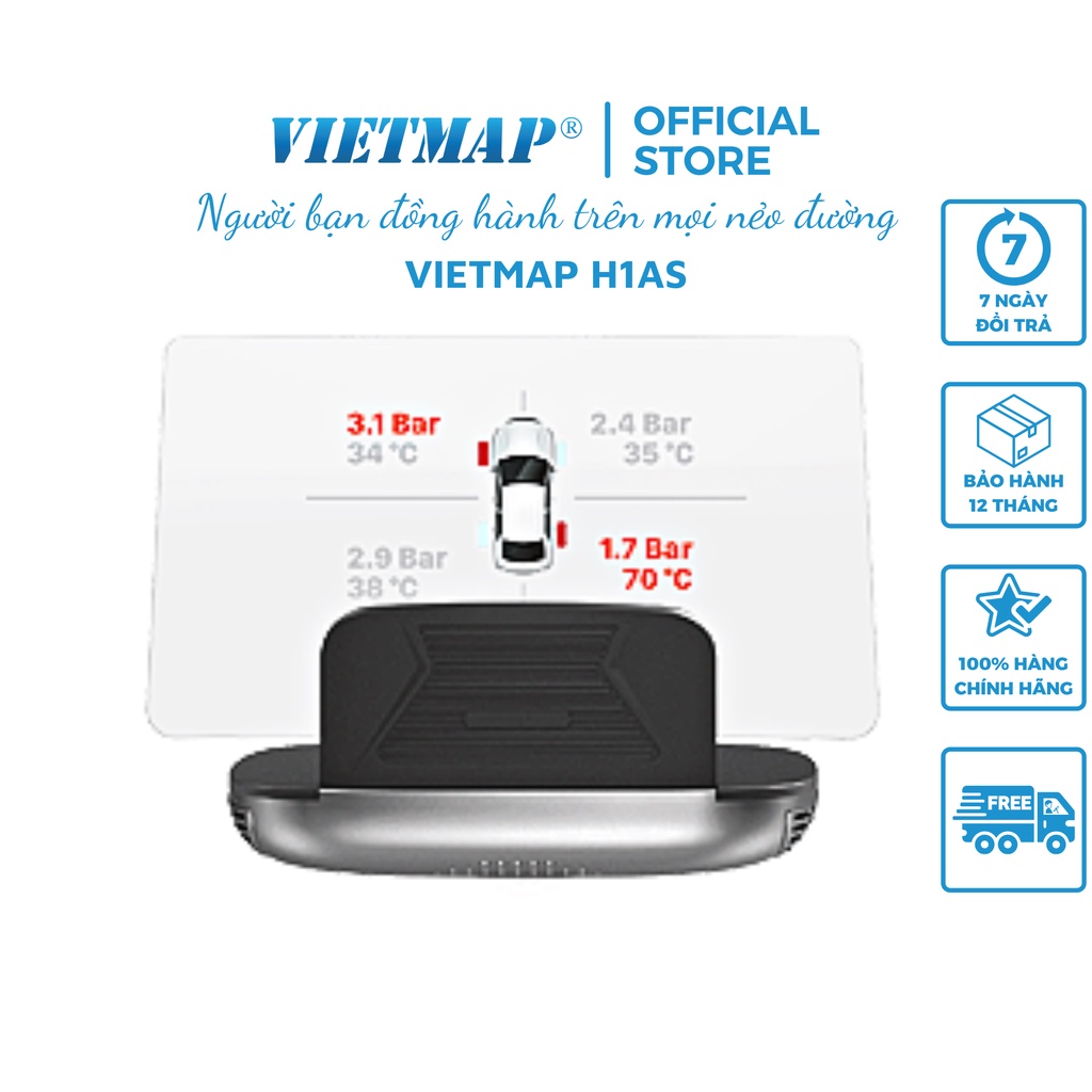 VIETMAP H1AS - Hud Dẫn Đường CẢNH BÁO Camera - Giao Thông- Tốc độ- Cảm Biến Áp Suất Lốp- Hàng Chính Hãng