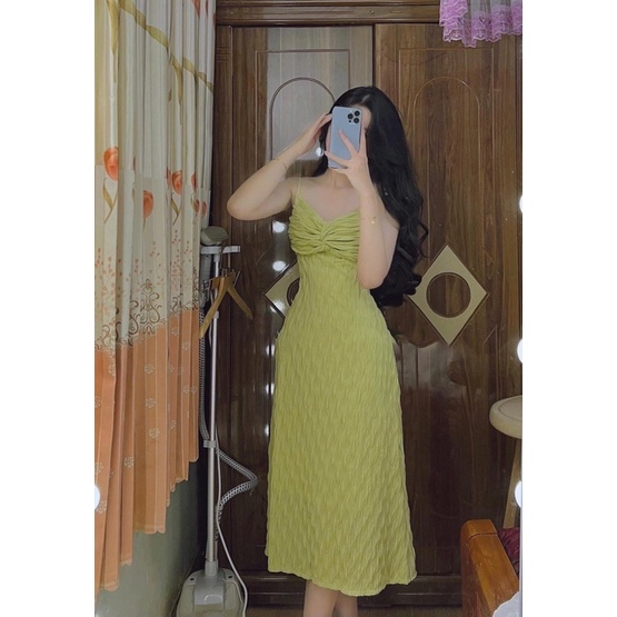 đầm midi 2 dây xoắn ngực