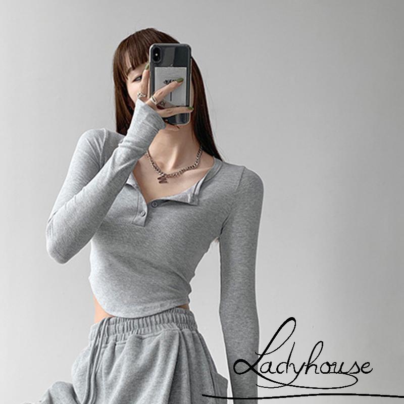 LDD-Women T-shirt Long Sleeve Henley Neck Solid Slim Fit Fall Casual Daily Ladies Tops