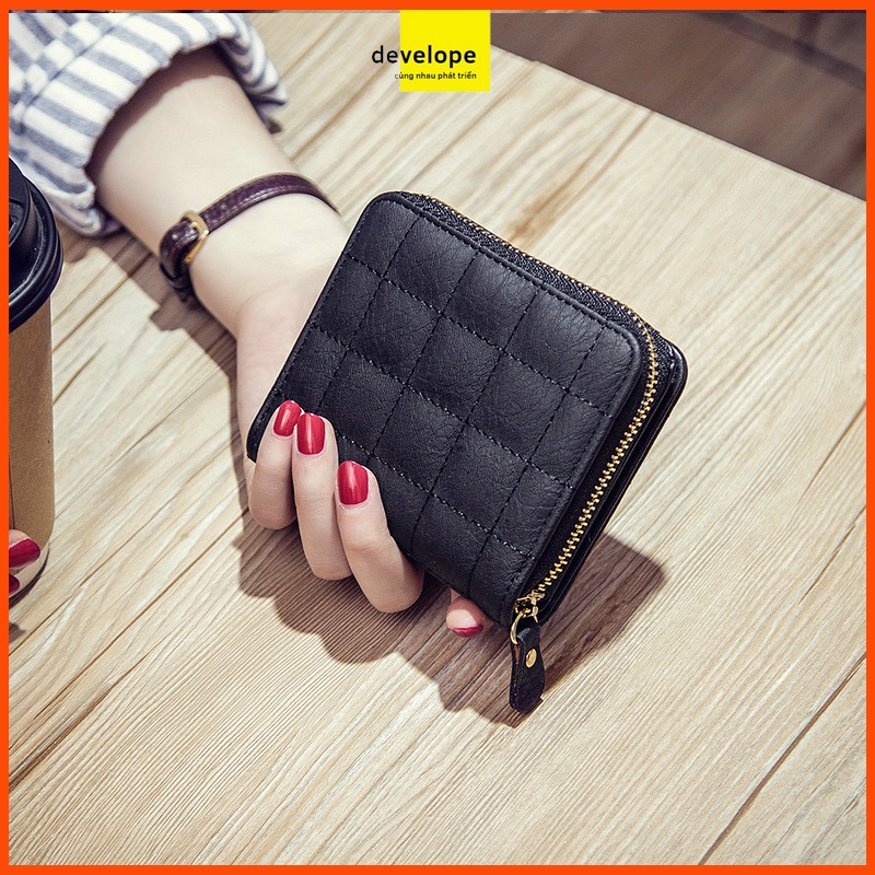 Ví nữ  DEVELOPE đựng thẻ / xu họa tiết da PU KIỂU CARO  nhỏ gọn