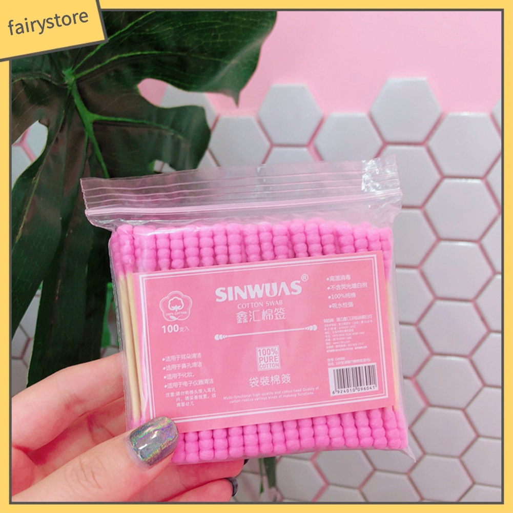 Bộ 100 tăm bông tẩy trang thiết kế 2 đầu màu hồng