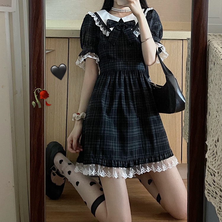 Đầm lolita Perty kẻ sọc caro phối ren thời trang Hàn Quốc cho nữ
