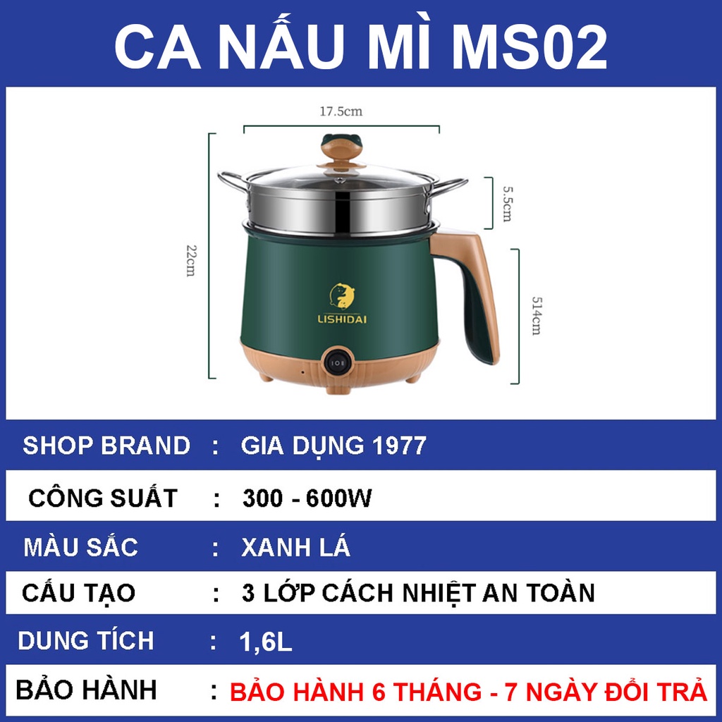 Nồi lẩu điện mini 2 tầng đa năng chống dính kèm khay hấp tiện lợi, Ca nấu mì với 2 nấc nhiệt cho 1, 2 người