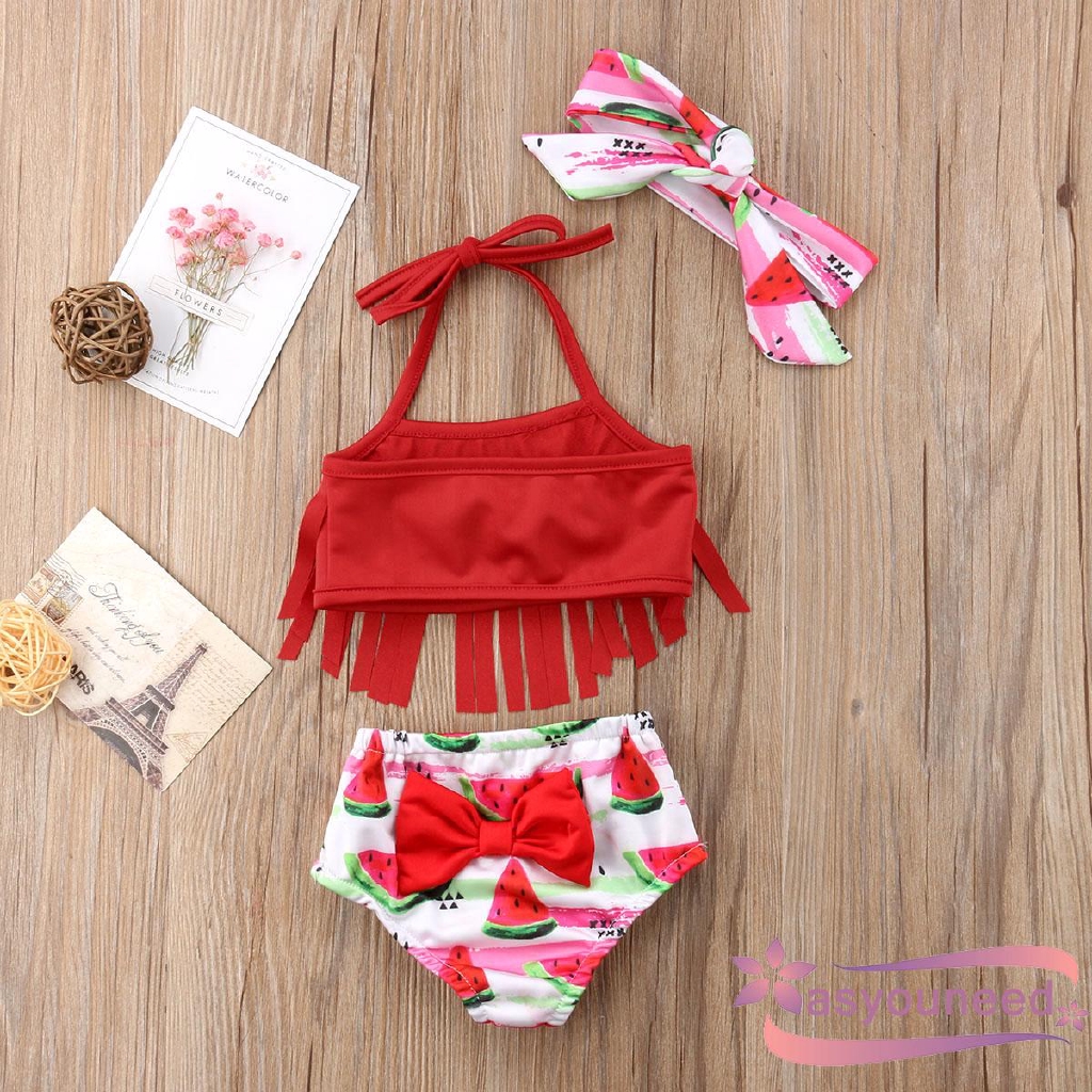 Set bikini 2 mảnh kèm băng đô vải in hình dưa hấu dễ thương xinh xắn cho bé gái