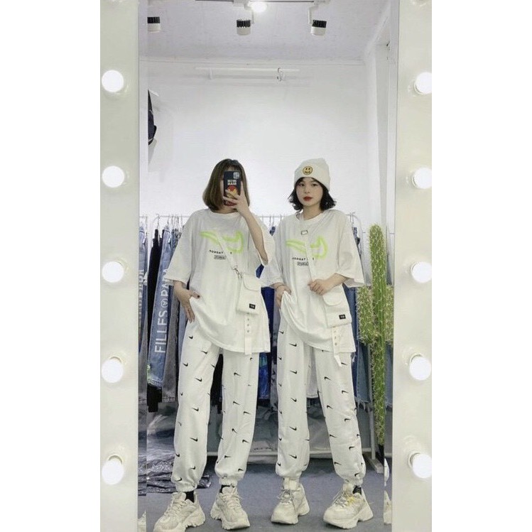 Set áo thun tay lỡ form thụng ulzzang kèm quần jogger NI vảy ống rộng/ Set bộ thể thao thời trang nữ_ranstore | BigBuy360 - bigbuy360.vn