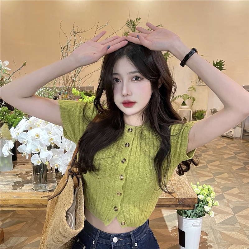 Porozi  Áo crop top  vải dệt kim mỏng tay ngắn dáng ôm phong cách Hàn Quốc dành cho nữ