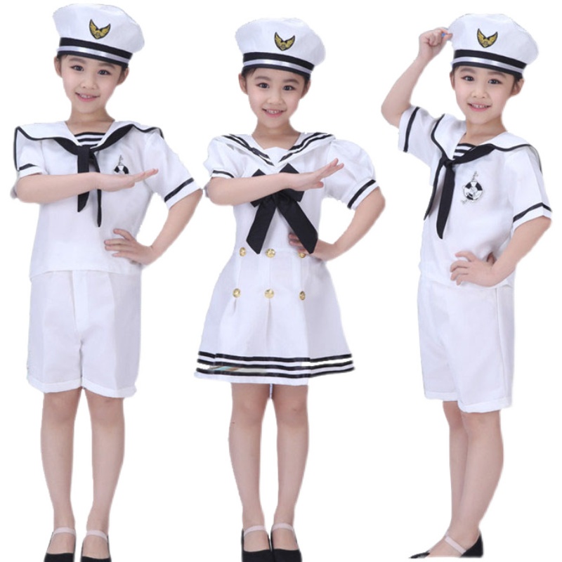 Kids White Nautical Sailor Costume Girls Sailor Dress Boys Navy Shirt Suit Set with Hat