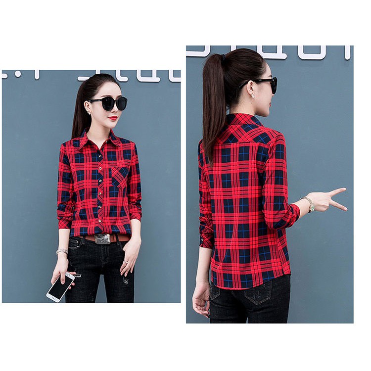 Áo sơ mi nữ phong cách công sở, Áo sơ mi nữ phối kẻ caro kiểu dáng xinh xắn trẻ trung