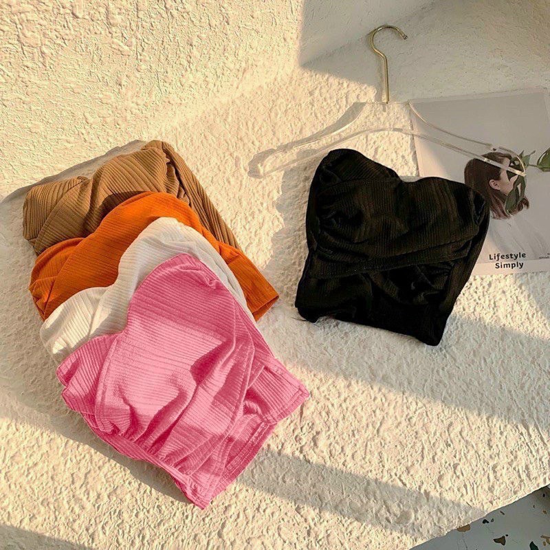 Có mút ngực Áo ống chất vải thun gân len đắp chéo có mút ngực