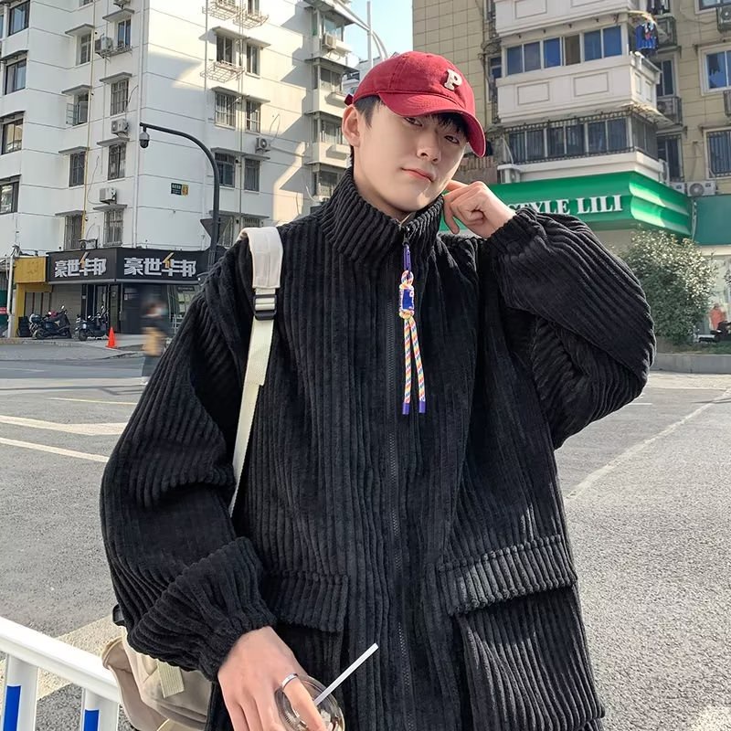 Áo Khoác Cổ Đứng Nhiều Túi Màu Trơn Phối Khóa Kéo Phong Cách Đường Phố Hàn Quốc Cá Tính Cho Nam