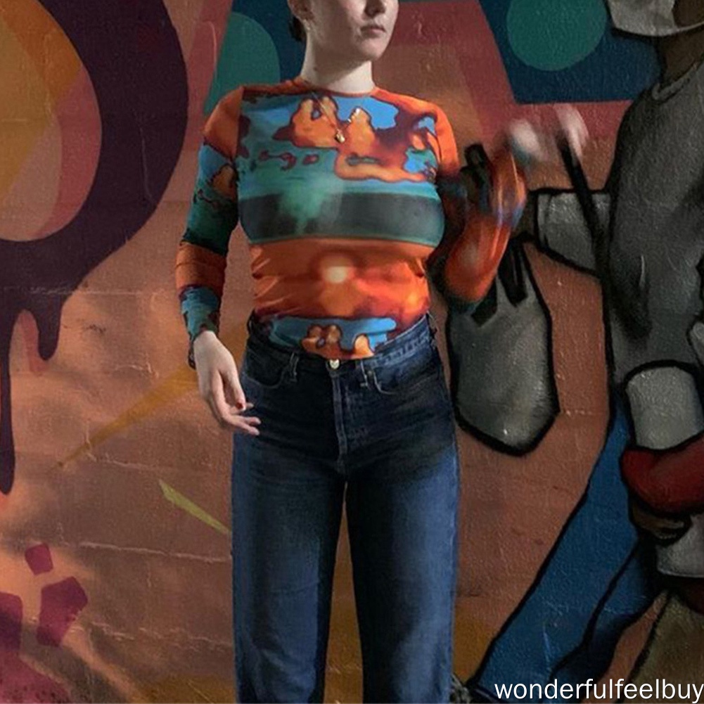 Áo croptop tay dài in họa tiết màu sắc 95% polyester 5% spandex đơn giản thời trang mùa thu cho nữ | BigBuy360 - bigbuy360.vn