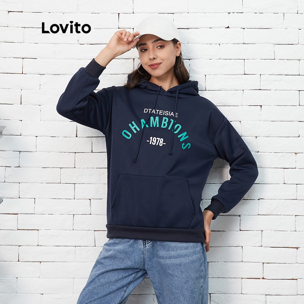 Áo sweatshirt Lovito có mũ trùm đầu phối dây rút in chữ đơn giản L07182 (màu xanh dương đậm) | BigBuy360 - bigbuy360.vn