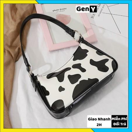 Túi Xách Nữ, Túi Kẹp Nách Hoạ Tiết Bò Sữa, Chất Da Quảng Châu Cao Cấp