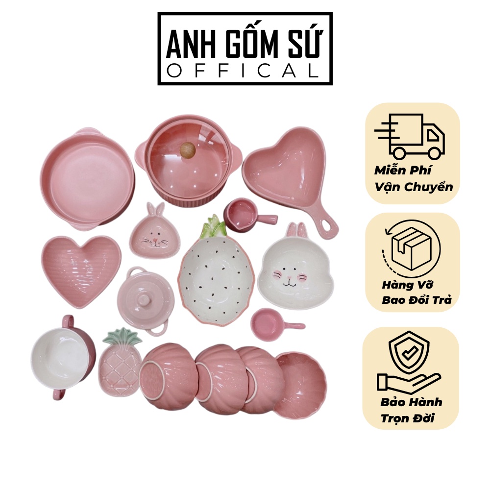Bộ bát đĩa decor, bát ăn cơm, chén dĩa sứ màu hồng dễ thương cao cấp