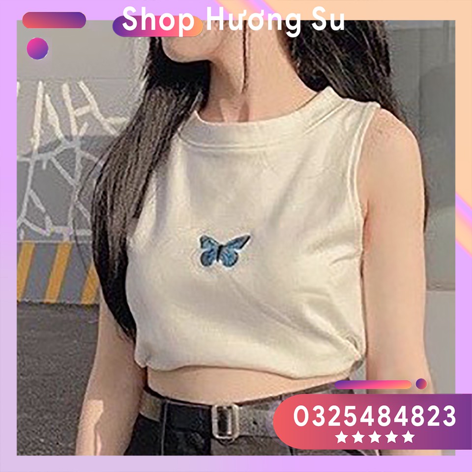 [Mã FASHIONT4WA giảm 10K đơn 50K] Áo Croptop áo thun 3 lỗ sách nách cổ cao Thêu Bướm 3D Bozip -HS