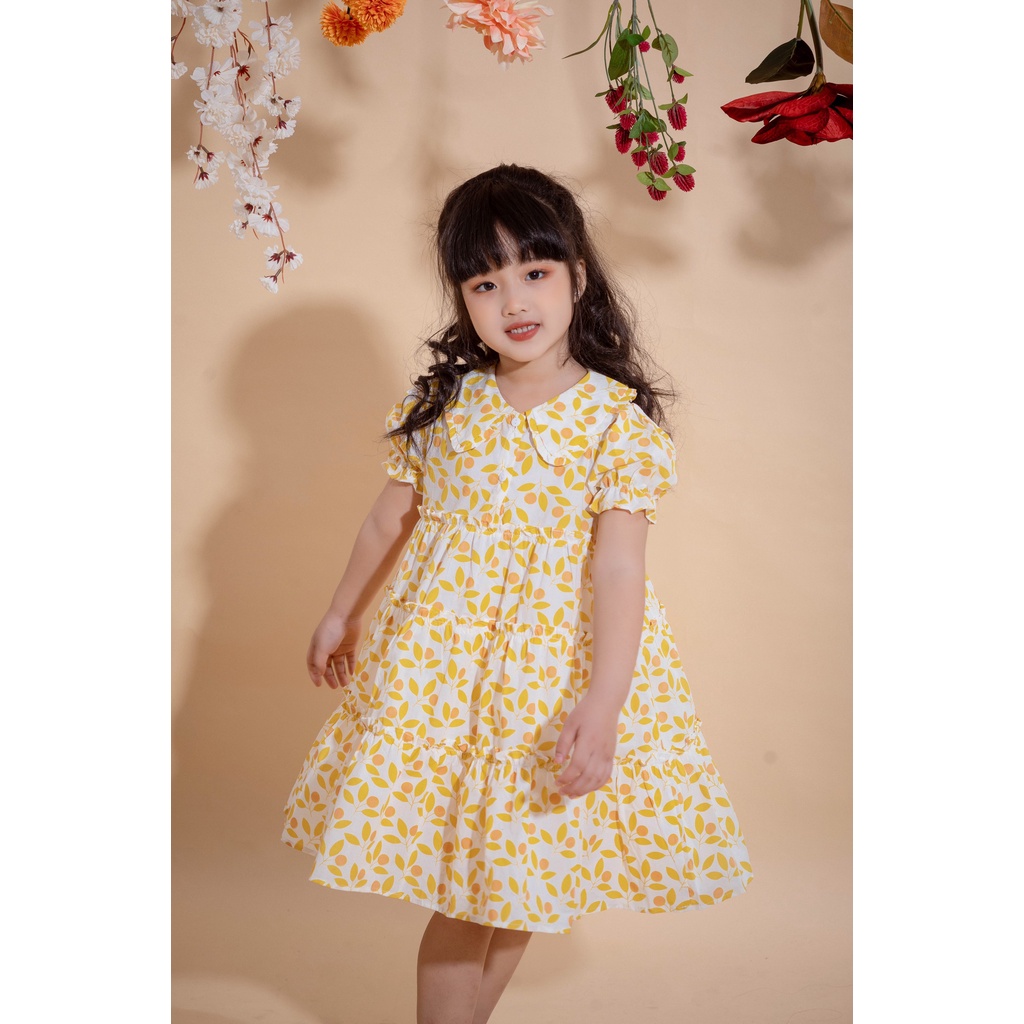 [LITTLE PINK] FLORA DRESS - Váy là vàng cổ sen bé gái