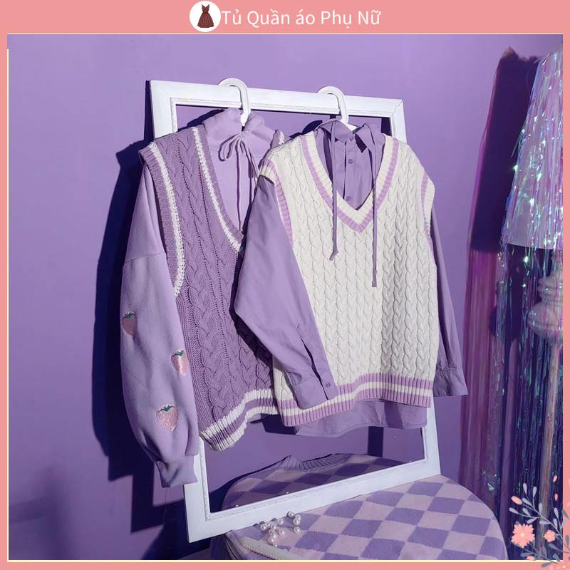 Áo Khoác Sweater Dệt Kim Không Tay Dáng Rộng Thêu Hình Dâu Tây Màu Tím Phong Cách Nhật Bản Thanh Lịch Cho Nữ