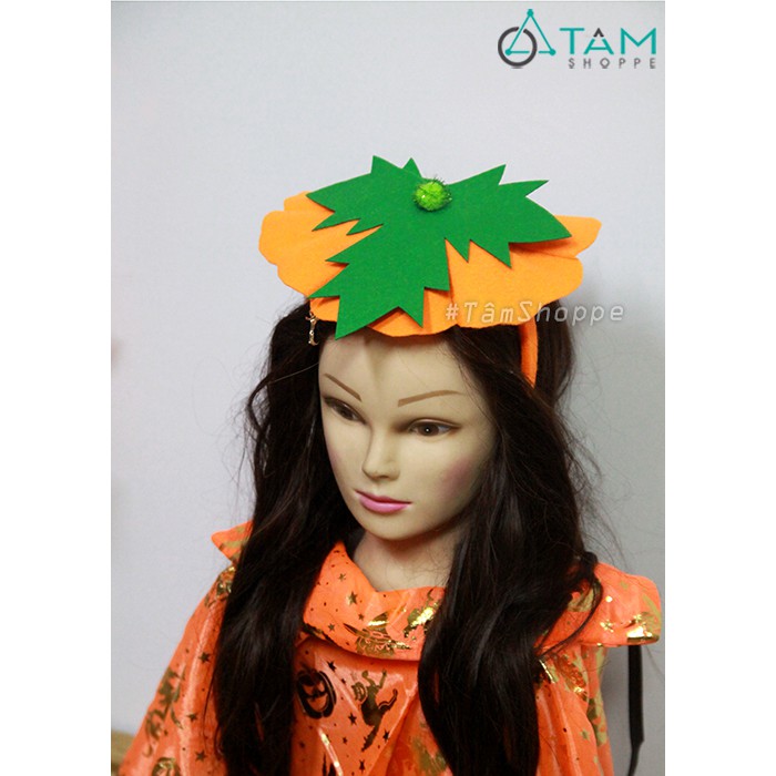 Cài tóc hình bí ngô Halloween lá xanh vải nỉ HLW-CAI-09