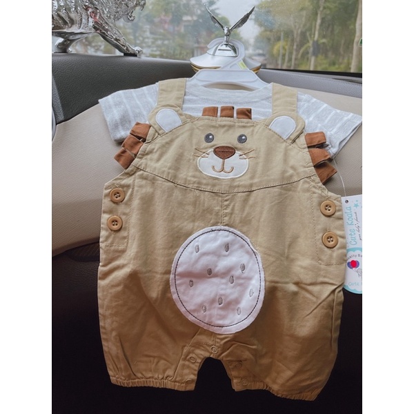 Set yếm gấu màu be kèm áo sơ mi sọc 0-24M cho bé