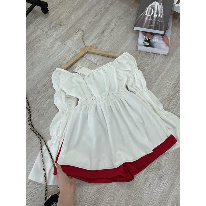 (ẢNH THẬT) Sét áo babydoll trễ vai tay bồng bo chun kèm quần short đỏ phong cách hàn quốc, TONGKHOQUANAONU
