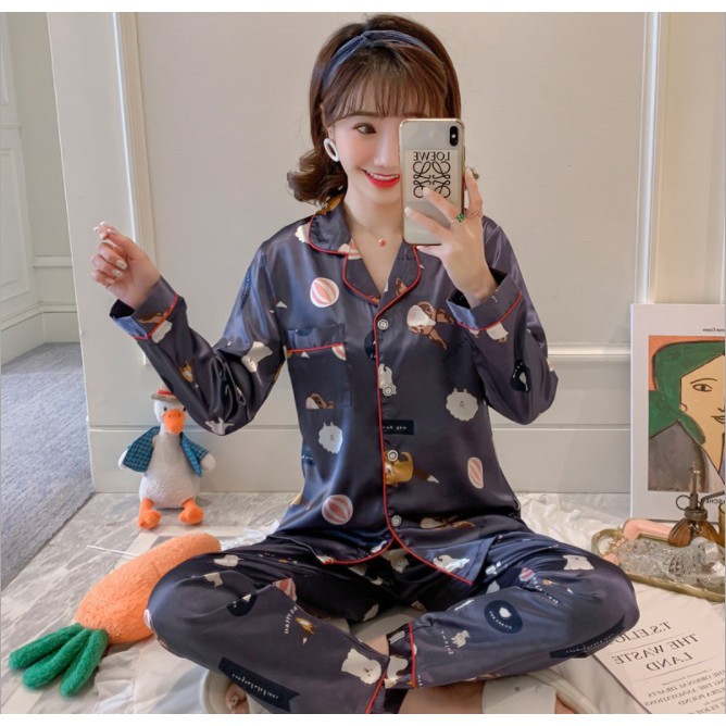 Đồ bộ pijama nữ dài tay thu đông chất liệu lụa mềm mịn thấm mồ hôi nhiều hình dễ thương