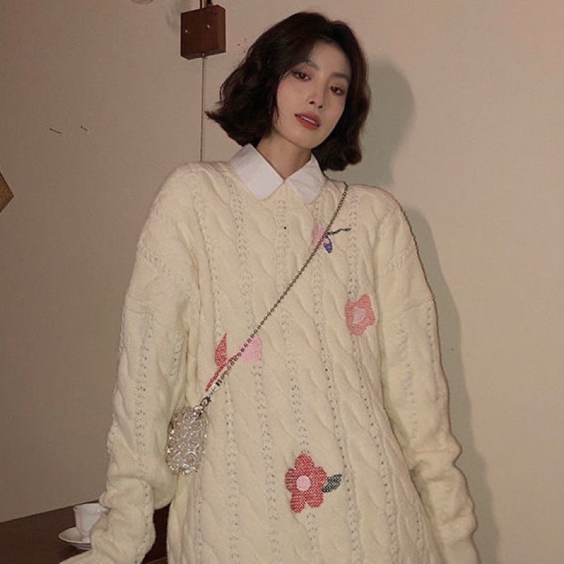 Áo len vặn thừng thêu hoa nữ tính hàng taobao