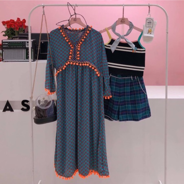 Đầm maxi thổ cẩm boho dáng dài- váy du mục XANH VIỀN BÔNG VINATGE bohemian DU LỊCH đủ 4 màu