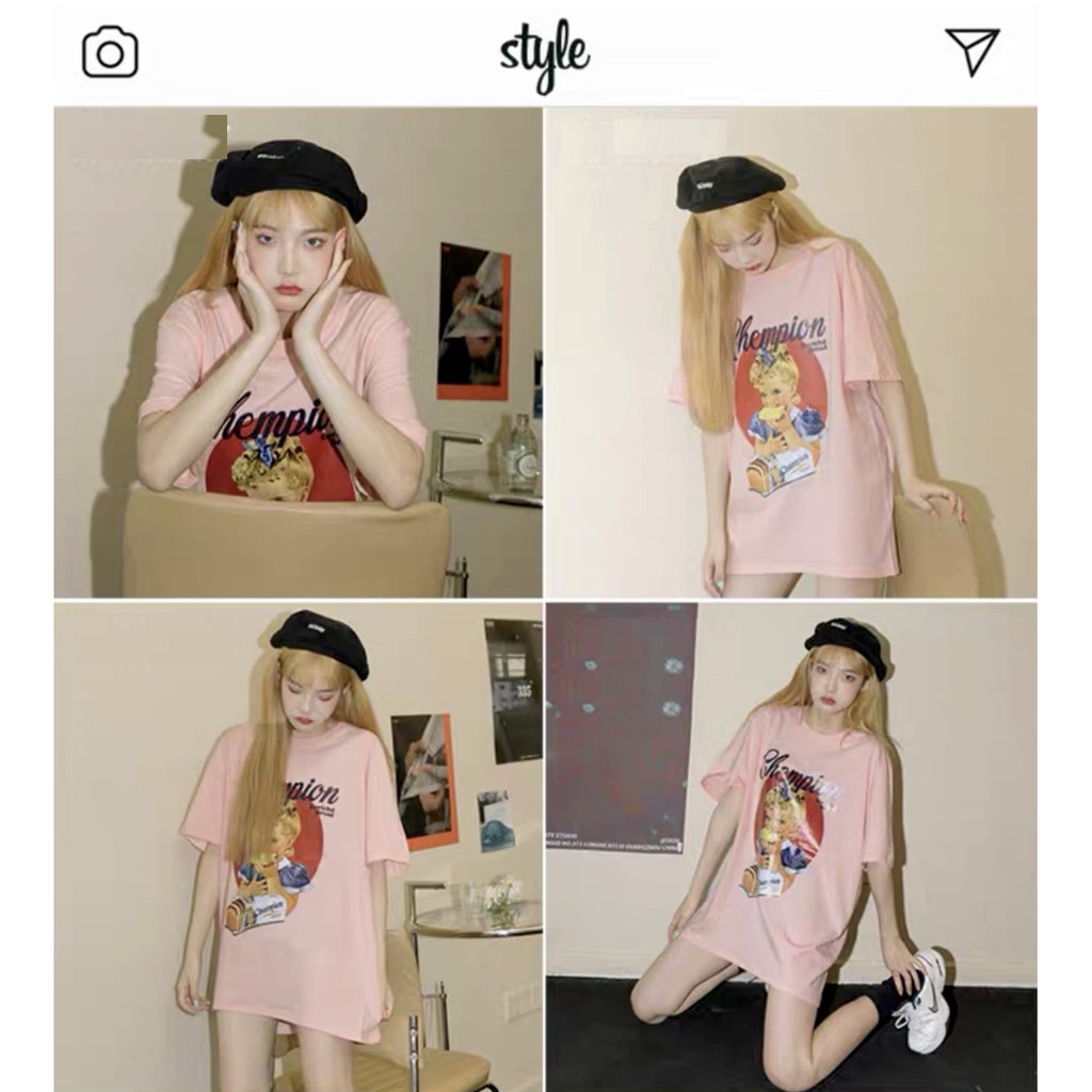 Áo Thun Form Rộng CHEMPION Nữ [FREESHIP] 🌸 Phông oversize màu hồng pastel in hình cô gái bánh bèo tiểu thư Ulzzang HOT