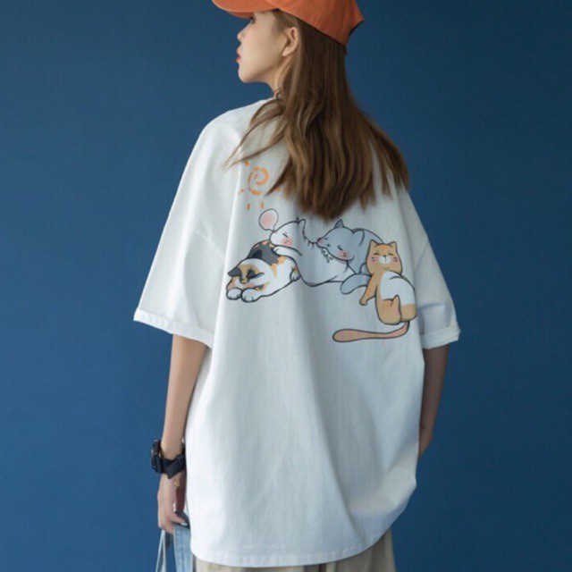 [ Có Ảnh Thật ] Áo thun unisex tay lỡ form rộng - phông 4 chú mèo