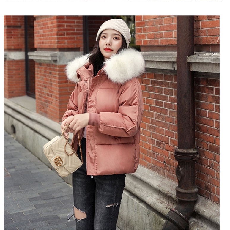 Áo Khoác Phao nữ béo mũ Lông tay gân dáng ngắn lông tháo rời - Tặng kèm áo phông thời trang
