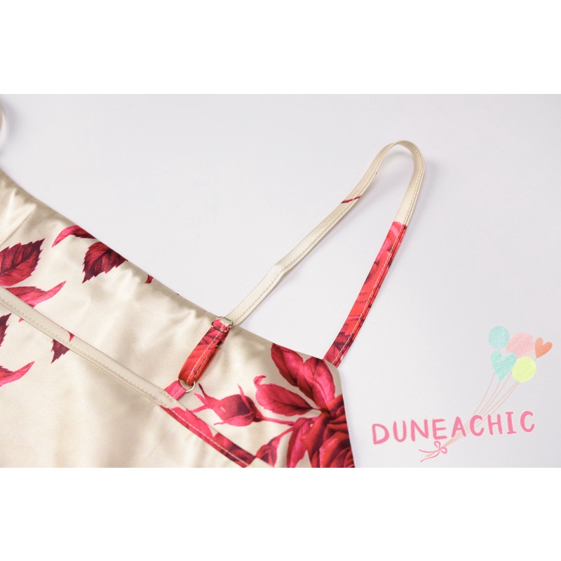 DUNEA Đầm Hai Dây Họa Tiết Hoa Hồng Quyến Rũ Cho Nữ