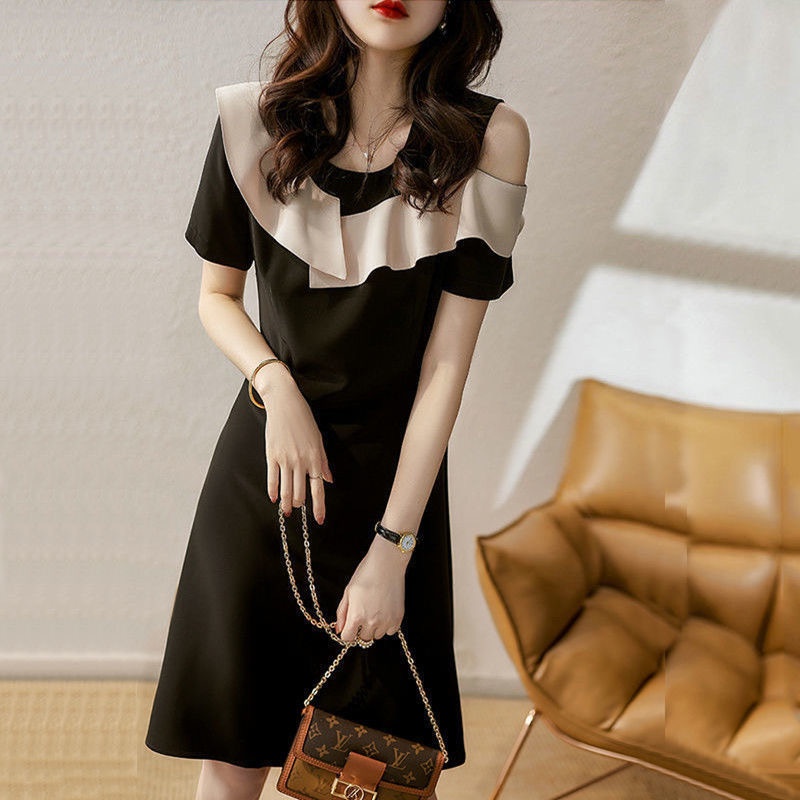 Đầm Tay Ngắn Hở Vai Phối Bèo Màu Sắc Hợp Thời Trang Dành Cho Nữ