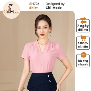 Sơ mi nữ công sở CITI MODE cổ V vai nhún tay ngắn đính ngọc 2 màu SM726 SM727