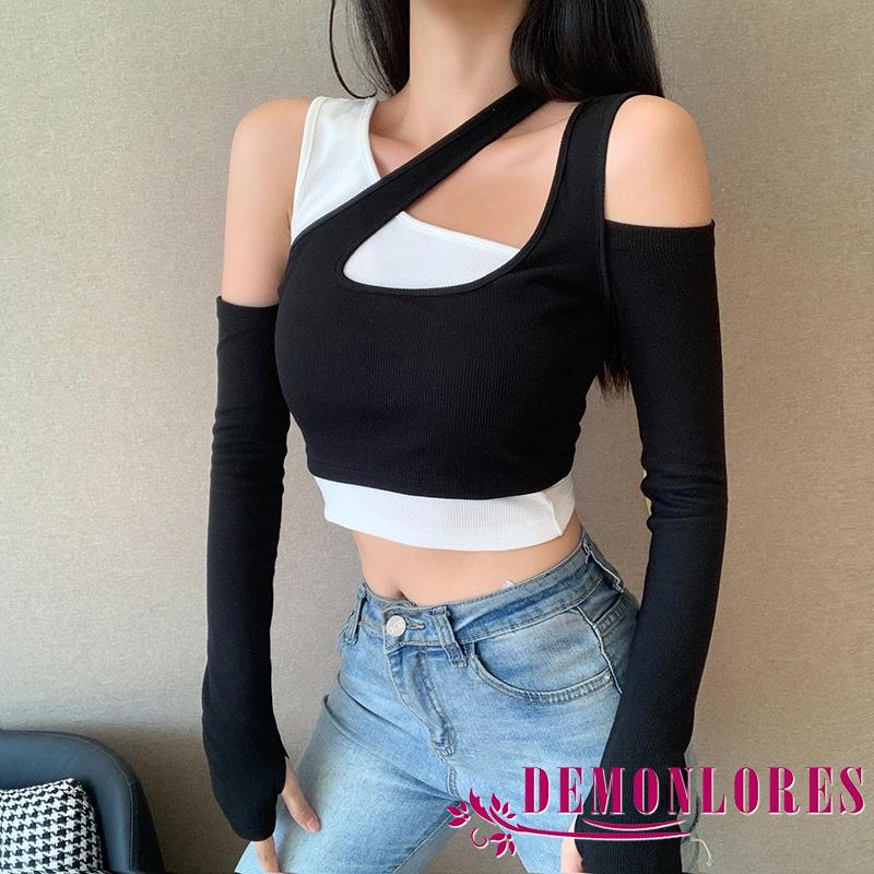 Áo Thun Croptop Nữ Tay Dài Khoét Vai Ôm Dáng Quyến Rũ