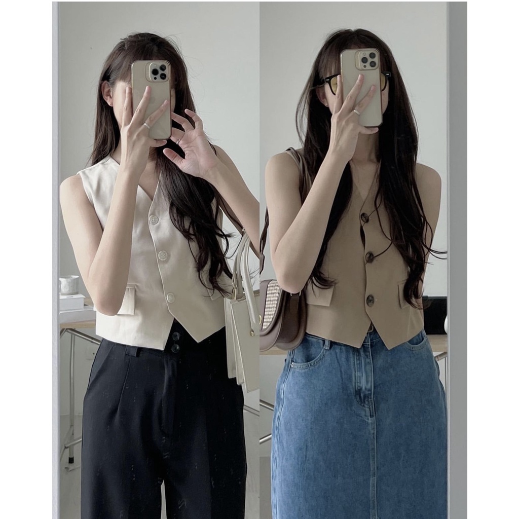 Áo Gile vải cúc đen