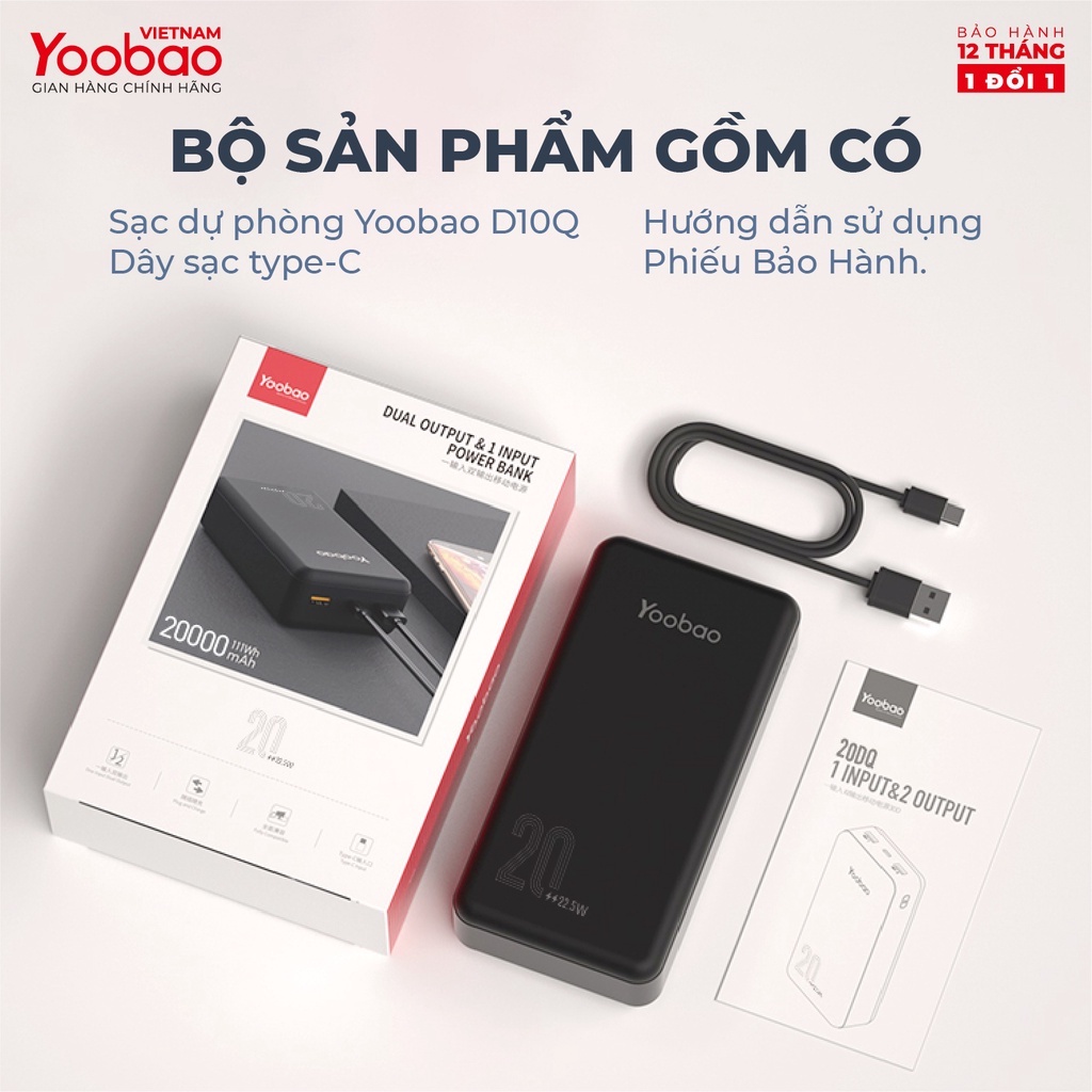 Pin sạc dự phòng 20000mAh D20Q Yoobao PD20, hỗ trợ sạc nhanh công suất 22.5W, dùng cho Iphone 11,12, Huawei