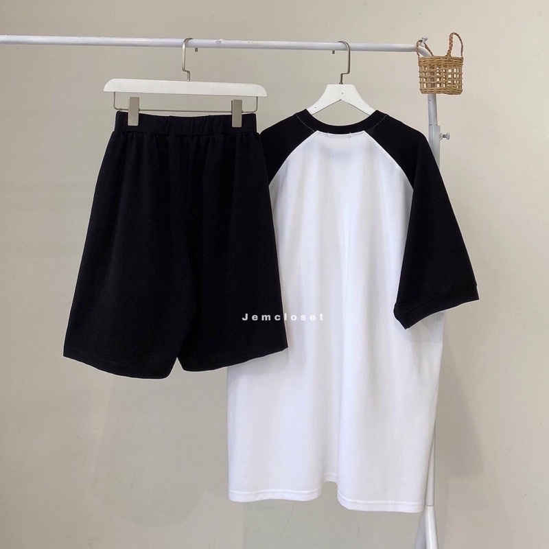 Bộ phối màu Áo phông tay zaclang mix quần short đùi in chữ hàn trước ngực - set nữ Ilike chất coton đẹp form < 67kg | BigBuy360 - bigbuy360.vn